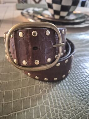Coach Brown Leather Studded Belt with Antique Gold Buckle